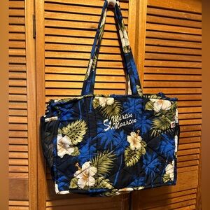 Rima Blue Floral Print Quilted Tote Bag with Matching Wristlet and Headband